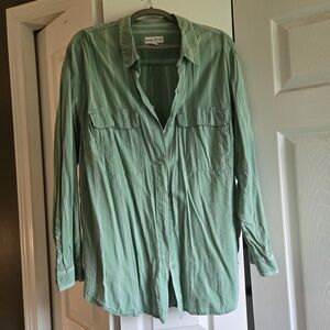 AVA & VIV Green and White Stripe Casual Button Down Shirt